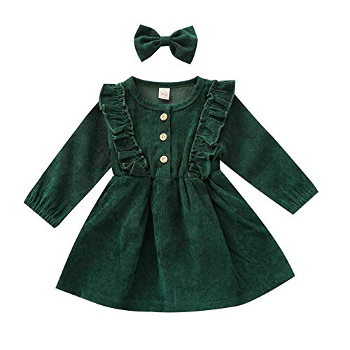 Kleinkind Baby Mädchen Cord Kleider Langarm Tutu Kleid Stirnband 2Pcs Winter Frühling Prinzessin Rock Kleidung (Dark Green,2-3 Jahre)