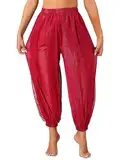 FEESHOW Damen Bauchtanz Hose Glänzendes Pailletten Pumphose Haremshose Glitzer Belly Dance Pants Tribal Arabische Tanzkostüm A_Rot Einheitsgröße