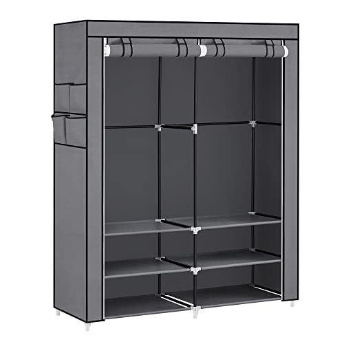 SONGMICS Stoffschrank, Kleiderschrank, 45 x 127 x 176 cm, 2 Hängefächer, mit Ablagen, 4 Seitentaschen, viel Platz, für Schlafzimmer, Wohnzimmer, grau RYG008G02