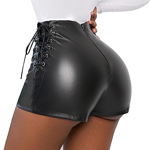 FYMNSI Leder Shorts Damen Kurz Lederoptik Glanz PU Hose Push Up Kunstleder Hotpants Sommer Casual Lässige Schnüren Ledershort Club Party Shorts Reißverschluss Sexy Nachtclub Hotpants Schwarz XL