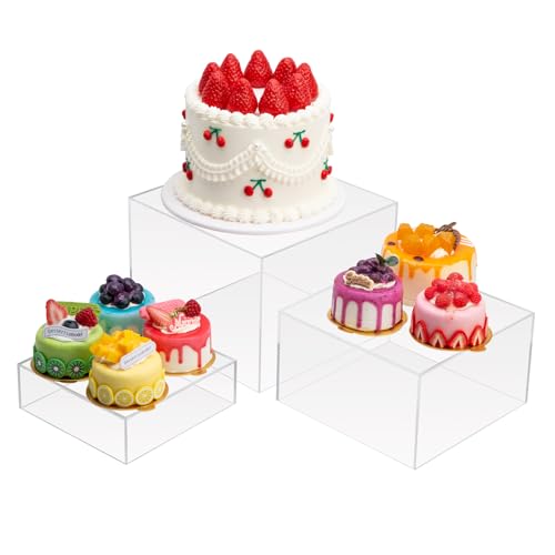 Cliselda 3 Stück Klare Schaukasten, Vitrine Mit Hohlem Boden, Acryl Würfel Riser Display Ständer Box für Cupcakes, Süßigkeiten, Desserts, Buffets, Schmuck (Groß)
