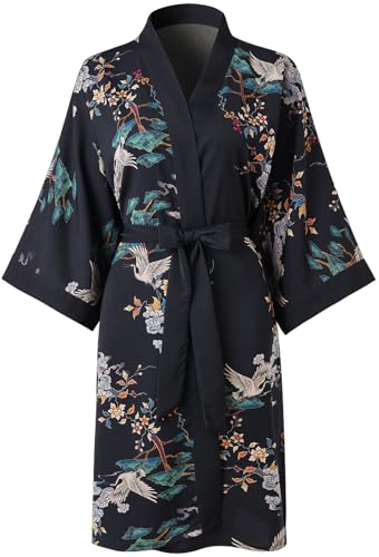 Ledamon Damen Kimono Kurz Robe für Frauen - Pocket Floral Bademantel Nachthemd (Schwarz)