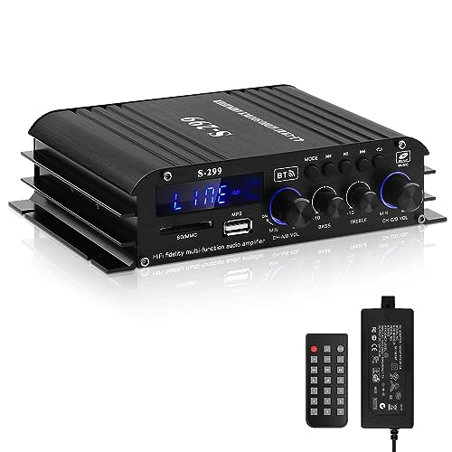 S-299 4.1-Kanal HiFi Verstärker, RMS 40Wx4+50W Bluetooth Mini Audio Verstärker Max. 800W Leistung Passiver Subwoofer Verstärker DC 12V/5A für Heimlautsprecher mit USB SD Slot, AUX