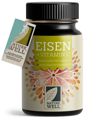 Eisentabletten hochdosiert 180x mit 40 mg Eisen + Vitamin C (40mg) aus Hagebutten - Eisen Tabletten VEGAN mit bioverfügbarem Eisen, hochdosiert aus Eisen-Bisglycinat - ohne unerwünschte Zusätze