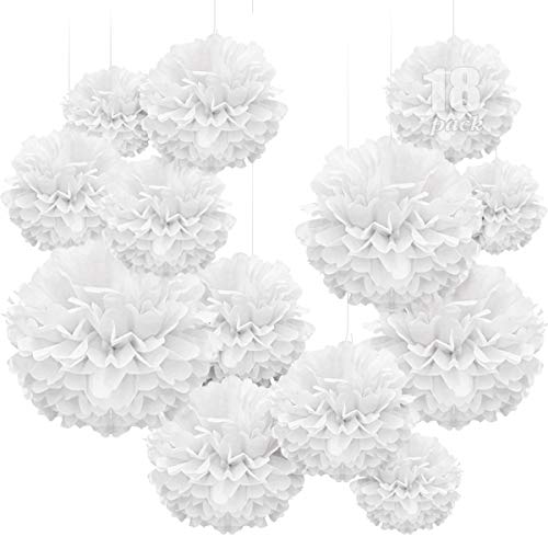 WEARXI Hochzeit Hochzeitsdeko Vintage Lampions, 18 er Pompons Deko Weiß, Seidenpapier Pompoms, Party Hochzeit Deko, Taufe Konfirmation Deko, Kommunion Dekoration für Geburtstag, Valentinstag