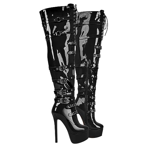 blingqueen Damen Plateau Overknee Stiefel Punk Boots Stilettos High Heels mit Nieten Schnallen Lack Schwarz 41 EU