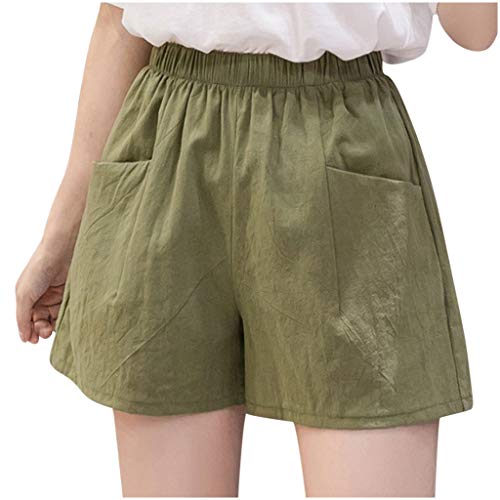 Shorts Damen Sommer Linen Musselin Kurze Hose Damen mit Zwei Taschen High Waist Stretch Weite Solid Color Elegant Gerades Bein Sporthose Kurze Hose Gummiband Strandhose Leichte Leinenshort