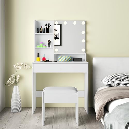 Schminktisch Weiß mit Beleuchtung und Hocker - Moderner Kosmetiktisch mit LED-Spiegel, 2 Schubladen & Stauraum inkl. Montageanleitung (80x40x140 cm)