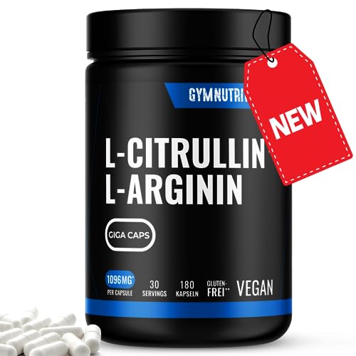 L-Arginin + L-Citrullin - 180 Kapseln - Hochdosiert 1096 mg pro Kapsel - Citrullin + Arginin Base - Patentiere GIGA CAPS Premium Aminosäuren-Vegan -