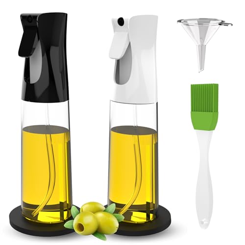 2 x 300ml ölsprüher für speiseöl + Trichter + 2 rutschfeste Halterungen | BPA-freies Kochspray für Öl, Essig, Soja, Zitrone