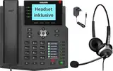 GEQUDIO IP Telefon GX5+ Set mit Netzteil & 2-Ohr Kabel-Headset - Fritzbox, Telekom kompatibel - Freisprechen & 2X Farbdisplays – Deutsche Anleitung (PDF) für Fritz Box, Sipgate, Telekom Speedport