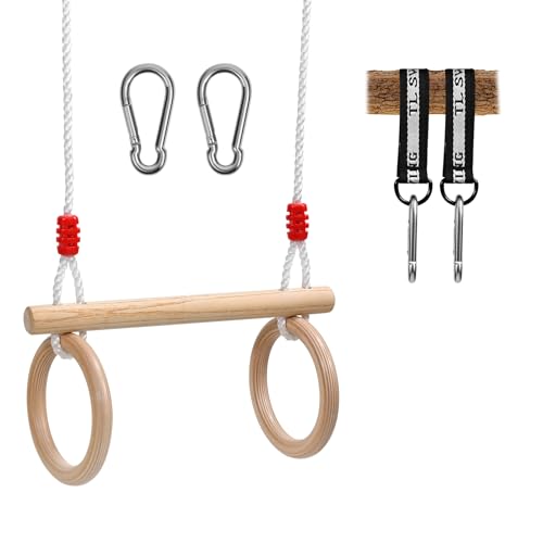 Trapez Schaukel Garten,Turnringe aus Holz,Turngeräte für drinnen und draußen für Kinder,Ringschaukel,Turnschaukel aus Holz,Maximale Tragkraft 100 kg(Verstellbare Seillänge)