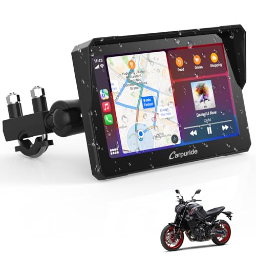 Carpuride W702 Kabelloser Carplay Bildschirm für Motorrad, Tragbares CarPlay & Android Auto für Motorrad, 7 Zoll Wasserdichter Touchscreen, Unterstützt Dual Bluetooth, GPS-Navigation, Siri.