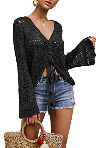 Saodimallsu Damen Tops Flowy Oversized Langarm Frühling Sommer Oberteile V-Ausschnitt Crochet Sexy Pullover Schwarz