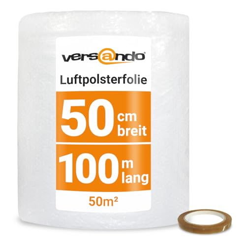 versando Luftpolsterfolie 100m x 0,5m Versand, Verpackung, Umzug Noppenfolie Bubble Wrap LPF Rolle 2-schichtig und versando Klebeband 19mm x 66m