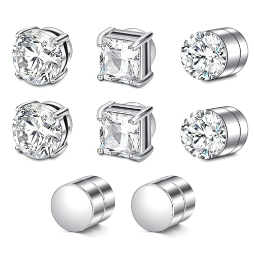 4 Paare Ohrringe Herren Set,Magnet Ohrringe Damen,Magnet Ohrringe,Magnetohrringe,Intarsien Nicht Durchbohrend,Kein Piercing Magnetische Ohrringe für Herren Mann Damen Silber,Rund/Quadratisch