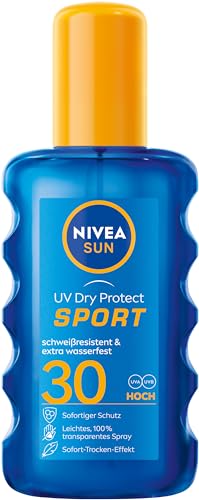 NIVEA SUN UV Dry Protect Sport Sonnenspray LSF 30 (200 ml), 100% transparenter Sonnenschutz speziell für Sportler, schweißresistente & extra wasserfeste Sonnencreme