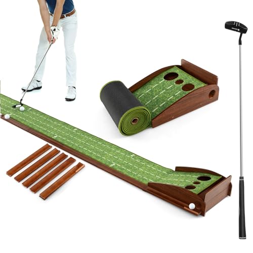 COSTWAY Golf Puttingmatte, Golfmatte mit 3 Löchern, Auto Rückkehr Übungsmatte mit 3 Golfbällen & Kunstrasen, Putting Trainer Indoor Outdoor für Anfänger, Profis (3 Löcher, mit Putter)