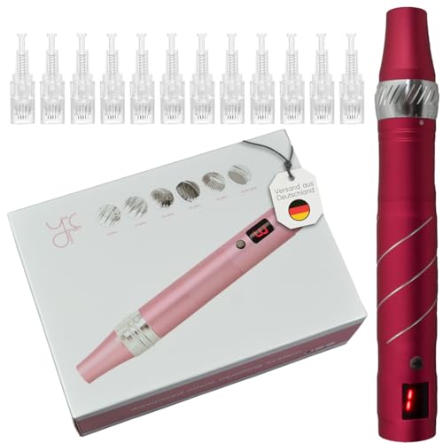 P-Beauty Dermapen Gerät für Microneedling inkl. 12 Aufsätze - Derma Pen Elektrisch & Kabellos verstellbar 0.25-2.5mm, 5 Geschwindigkeitsstufen - Anti-Falten, Hautverjüngung, Aknenarben, Pigmentflecken