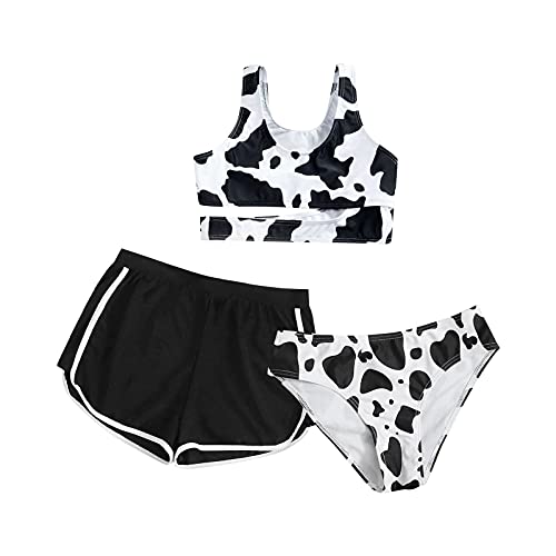 Mädchen Bikini Tankini Set 3-teilige, Mädchen Set Tankini Oberteil Hotpants Badeshorts 3tlg Hawaii Badeanzug Crossover Sport BH Bikini Hose Schwarz Weiß Kühe Druck Strand Bademode für 8-14 Jahre