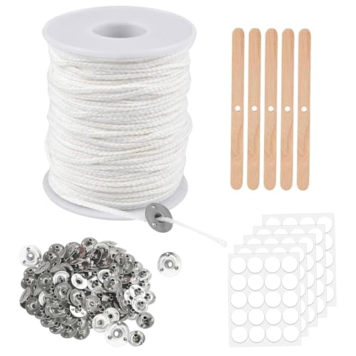 6100cm Kerzendocht Rolle,Kerzen Dochten Set,Dochte für Kerzen,für DIY Kerzenherstellung,mit 60pcs Docht Aufkleber,100pcsHalter aus Metall,5pcs Holzfixierer