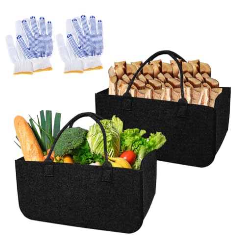 2 Stück Filztaschen Shopper Einkaufskorb Groß Set,50x25x25cm Holzkorb für Kaminholz Filzkorb, Einkaufstasche Filz, mit 2 Handschuhen, für Einkauf, Holz, Brennholz, Zeitung