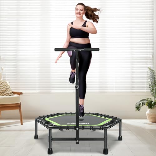 ONETWOFIT 114cm Trampolin Outdoor,Rückprall Trampolin für Erwachsene, Leises Mini Trampolin für das Indoor Training, Fitness Trampolin mit Bungee Rückpraller (Grün-Sechskant-mit Griff)