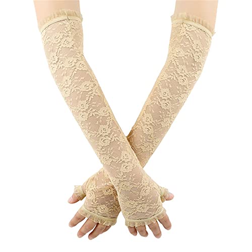 Damen-Armstulpen mit UV-Schutz, Spitzenärmel, Blumenmuster, lange Sonnenschutz, fingerlose Fahrhandschuhe, Standard, B Beige, Standard