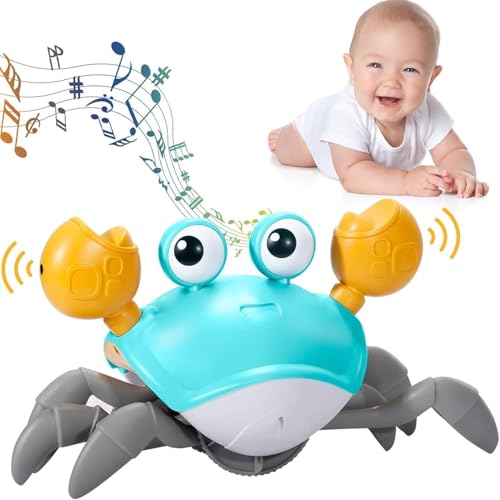 DSGKUU Krabbe Baby Spielzeug, verbessertes Geschenk ab 3–12 Monaten, leuchtende, laufende, tanzende & bewegliche Krabbe mit Musik und Hindernisvermeidung, Geschwindigkeitsregelung & Geräuschsteuerung