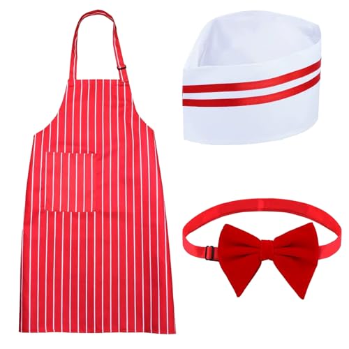 Zcbzbn SchüRze Und KochmüTze Set, Verstellbare KochschüRze Mit Taschen, Koch- Und BackschüRze, Rot Und Weiß Gestreifte SchutzschüRze Zum Backen, Kochen, Grillen, Gartenarbeit, 3er-Set