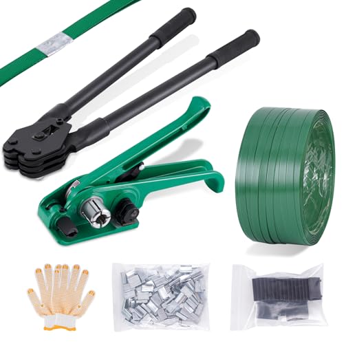 BAOSHISHAN Umreifungsset 12-19mm Manuelle Umreifungsgerät mit 200m PET Umreifungsband nur für PET Verpackungsband (Spanner, Verschließer, Umreifungsband, 100 Metallschnalle, 20 Eckschutz, Handschuhe)