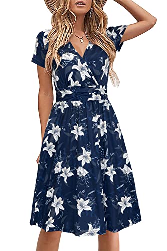 STYLEWORD Damen Sommerkleid Kurzarm V-Ausschnitt Kleider Blumenmuster Kleid Strandkleid Mit Taschen(Floral23,klein)