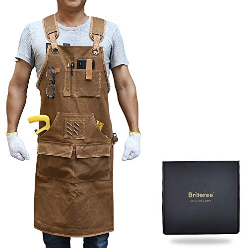 BRITEREE Arbeitsschürze herren mit 9 Werkzeugtaschen, Werkstattschürze mit Robust Gewachste Leinwand, Werkzeugschürze Geschenk für Herren Tischler