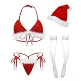 VicSec Weihnachts-Dessous-Set, roter Samt mit Weihnachtsmannmütze, Spitze, Babydoll-Kleid mit Tangas, sexy Nachtwäsche, Nachtwäsche, Selbstbindung, Bikini-BH und Höschen, Rot (Stil B), Einheitsgröße