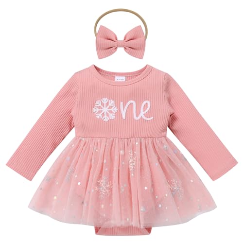 Odizli 1. Geburtstag M�dchen Outfit Herbst Winter Langarm Gerippt Strampler Kleid Glitzer Pailletten T�llkleid+Stirnband Bekleidungssets Babykleidung Cake Smash Baby Fotoshooting Rosa 9-12 Monate