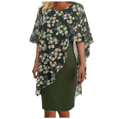 Ashleyzj Kleid Damen Elegant Abendkleid Große Größe Chiffon Cape Cocktailkleid Knielang Blumendruck Abendkleid mit Overlay Chiffonkleid Partykleid Zweiteiliges Set Kleider Cardigan Kleid (Green, XXL)