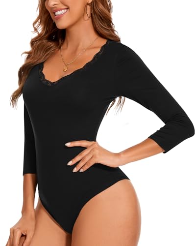 WOWENY Body 3/4 Arm Damen Elegant Spitzenbody Shirt Dreiviertelarm Oberteil mit Spitze V Ausschnitt Tshirt Bodysuit Leotard(Schwarz, M)