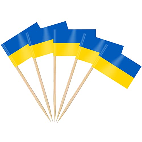 AhfuLife 100/200 Stück Cocktail Stick Flaggen, Zahnstocher Flagge für Sandwich Lebensmittel Cupcake Toppers Cocktail Obst Geschirr Party Supplies Pub Decor (200 Stück, Ukrainisch Zahnstocher Flagge)