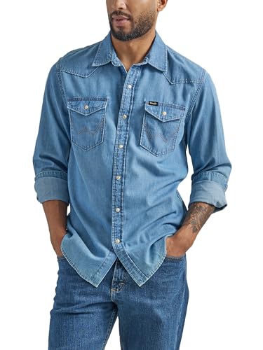 Wrangler Herren Iconic Denim Regular Fit Snap Shirt Hemd mit Button-Down-Kragen, Lake Wash, XL