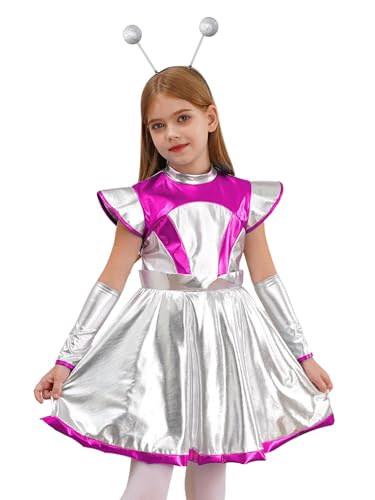 YiZYiF Kinder Alien Space Girl Kostüm Mädchen Metallic Glänzend Alien Kleid Kopfschmuck Armstulpen Set Festival Karneval Halloween Tanzkleidung Rosa 122-128