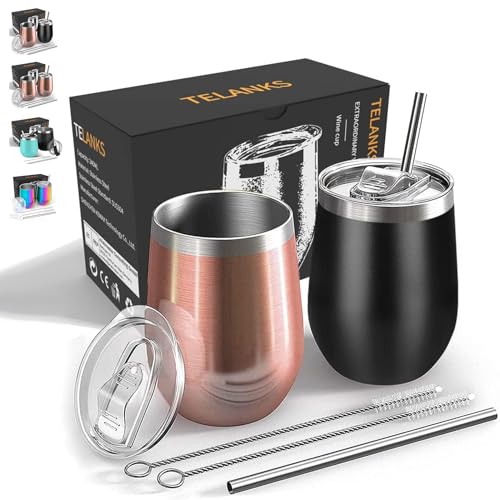TELANKS Wein Becher to go,2 Stück Weinglas to go,Edelstahl Weinbecher Isoliert mit Deckel,Sekt Camping Geschenk für Frauen