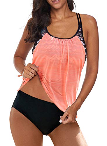 Aleumdr Damen Tankinis Bauchweg Frau Bademode Set Damen Badeanzug Tankini Set mit Dreieck Unterhosen Damen Push Up Badeanzüge Badebekleidung Zweiteiliger Bikini Set,Orange XL