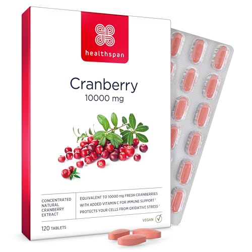 Healthspan Cranberry 10.000 mg | Hochwirksame Preiselbeeren | Mit zusätzlichem Vitamin C für das Immunsystem | Förderung der Harnwegsgesundheit und Antioxidative Wirkung | Vegan | 120 Tabletten