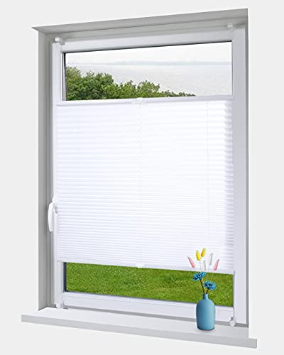 OBdeco Plissee Rollo Klemmfix ohner Bohren lichtdurchlässig Crushed Optik Faltrollo für Fenster und Türen Easyfix Weiß 40x120cm