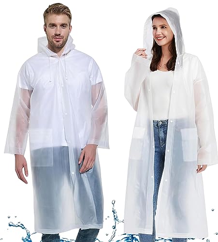 Gerhannery Regenponcho Wasserdicht mit Tasche, 2 Stück Wiederverwendbar Regencape EVA Regenmantel Festival, Unisex Regenumhang für Erwachsene Festival Regenponcho für Damen & Herren (Weiß)