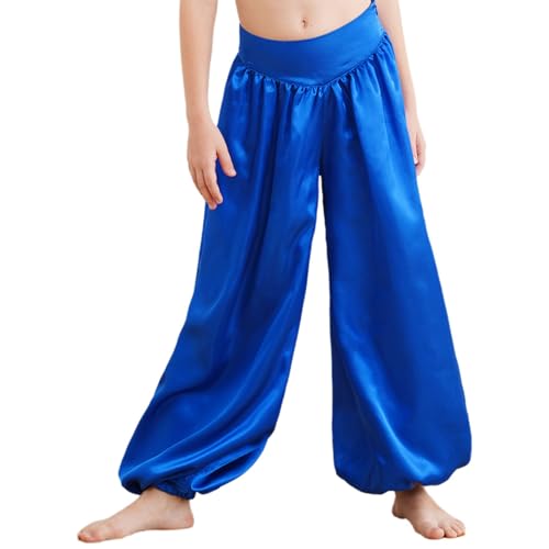 Hedmy Kinder Mädchen Bauchtanz Hose Haremshose Arabisch Hose Pailletten Pumphose für Bauchtanz Yoga Pilates Party Festival Show Tanzkleidung Blau 134-140