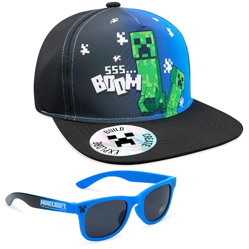 Minecraft Baseball Cap Kinder 2er Set Snapback Cap & UV Sonnenbrille Kinder Jungen Sonnenschutz Set - Gamer Geschenke für Jungs (Schwarz/Blau)