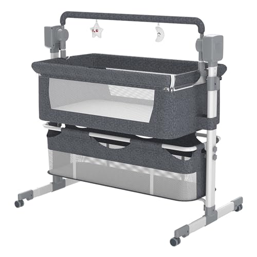 Doraystar Bluetooth Intelligente Beistellbett Baby mit Rollen, Faltbar Co-Sleeping Babybett, Convertible Stubenwagen Baby Kleinkind Wiege mit Musik, Fernbedienung und 5-schwankende Zahnräder (Grey)