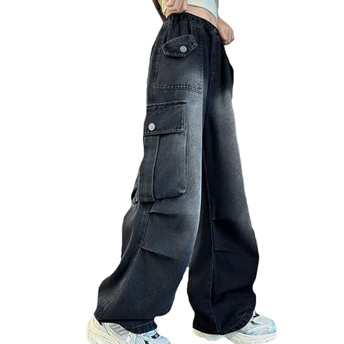 Baggy Jeans Mädchen Weites Bein Jeanshose mit Elastische Taille Outdoorhose Bequeme Breite Hose High Waist Freizeithose Y2K Jean Hip Hop Hosen Lockere Pants Schlaghose für 4-15 Jahre Kinder