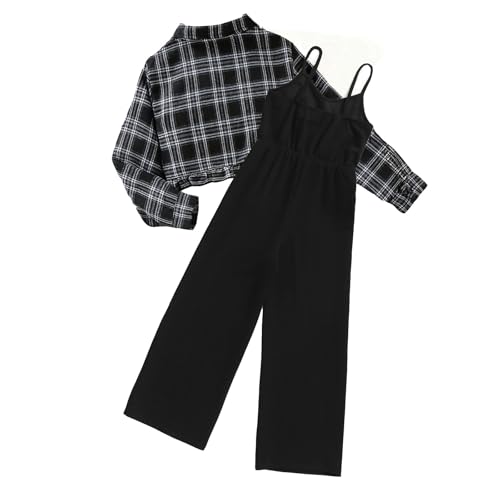 Mädchen Herbstkleidung,Stylisch Langarm-Kariertes Hemd + Einfarbiges Camisole Strampler Overall Zweiteiliges Bekleidungssets,Mode Lässig Bequem Freizeitanzug 5-12 Jahre (Black, 8-9 Years)